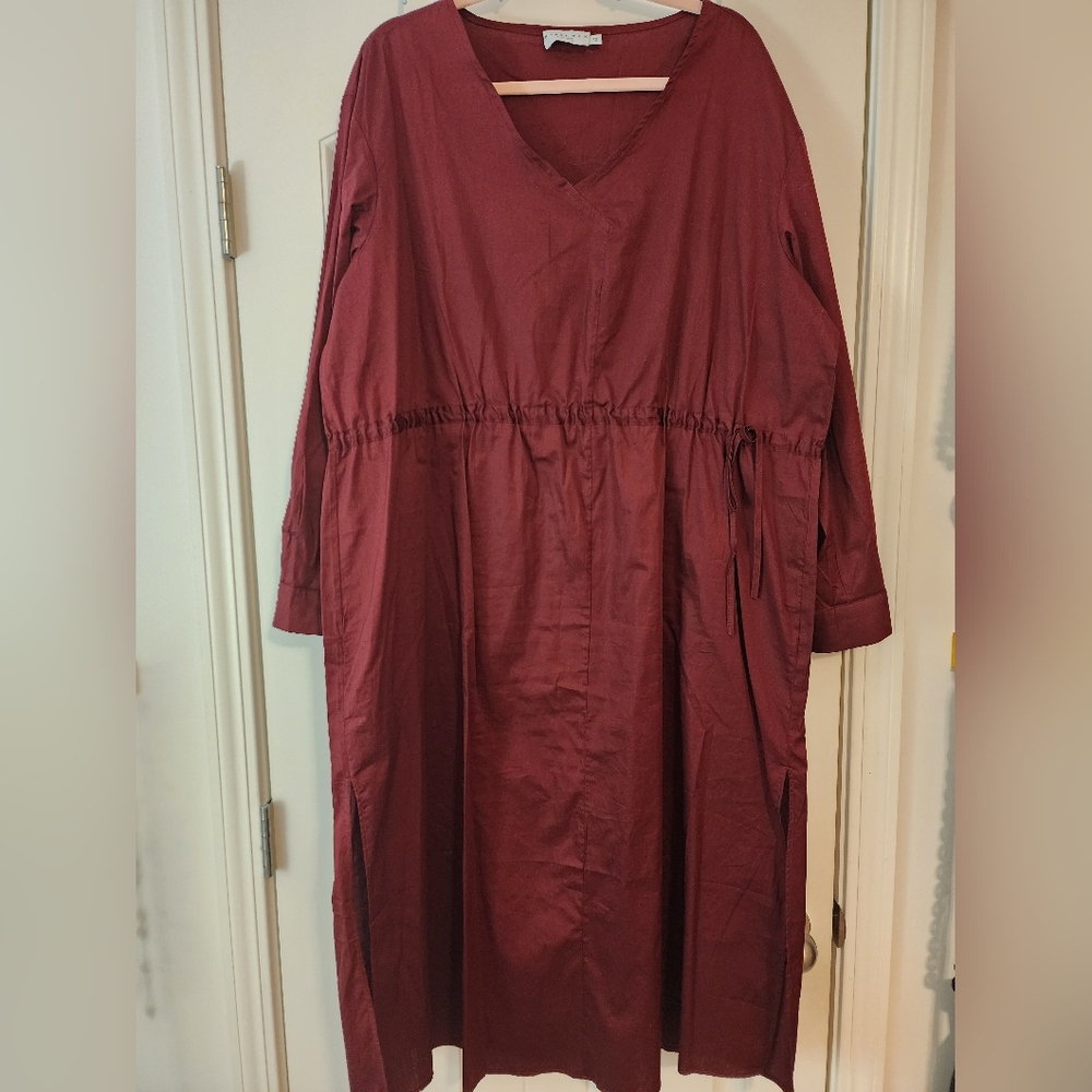 Harshman Burgundy Wine V-neck Dress 100% Cotton Lightweight Drawstring Waist 2X